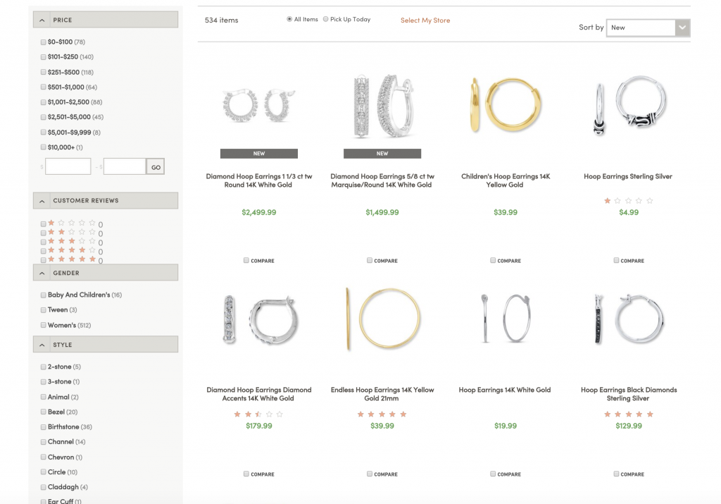 website shows options for faceted navigation on the left side