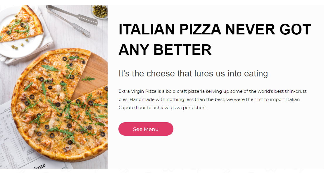 picture of Italian pizza and description of pizzeria producing thin crust with CTA button to check menu