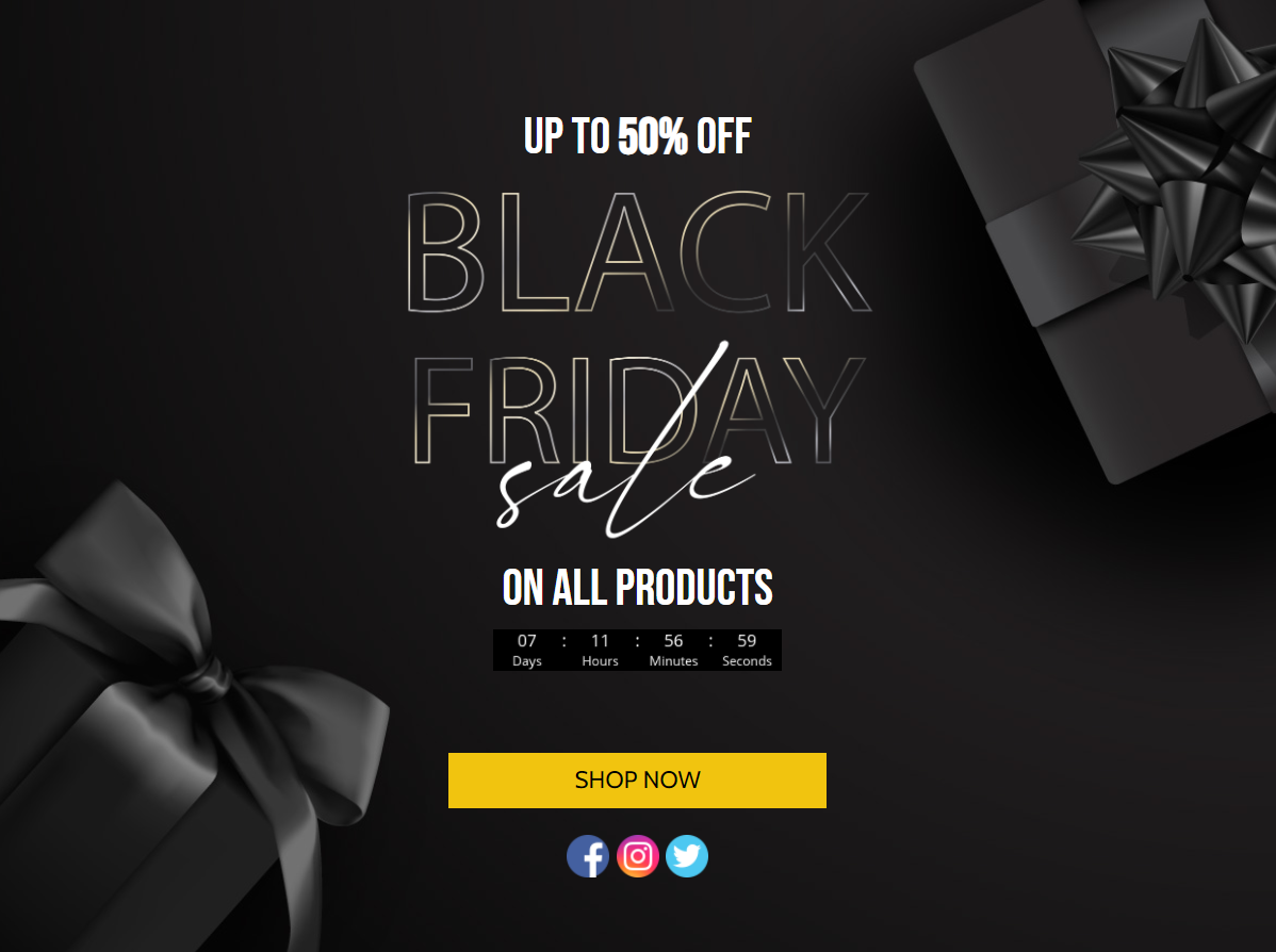 Gifts and text reading black Friday sale with countdown timer and CTA button to shop