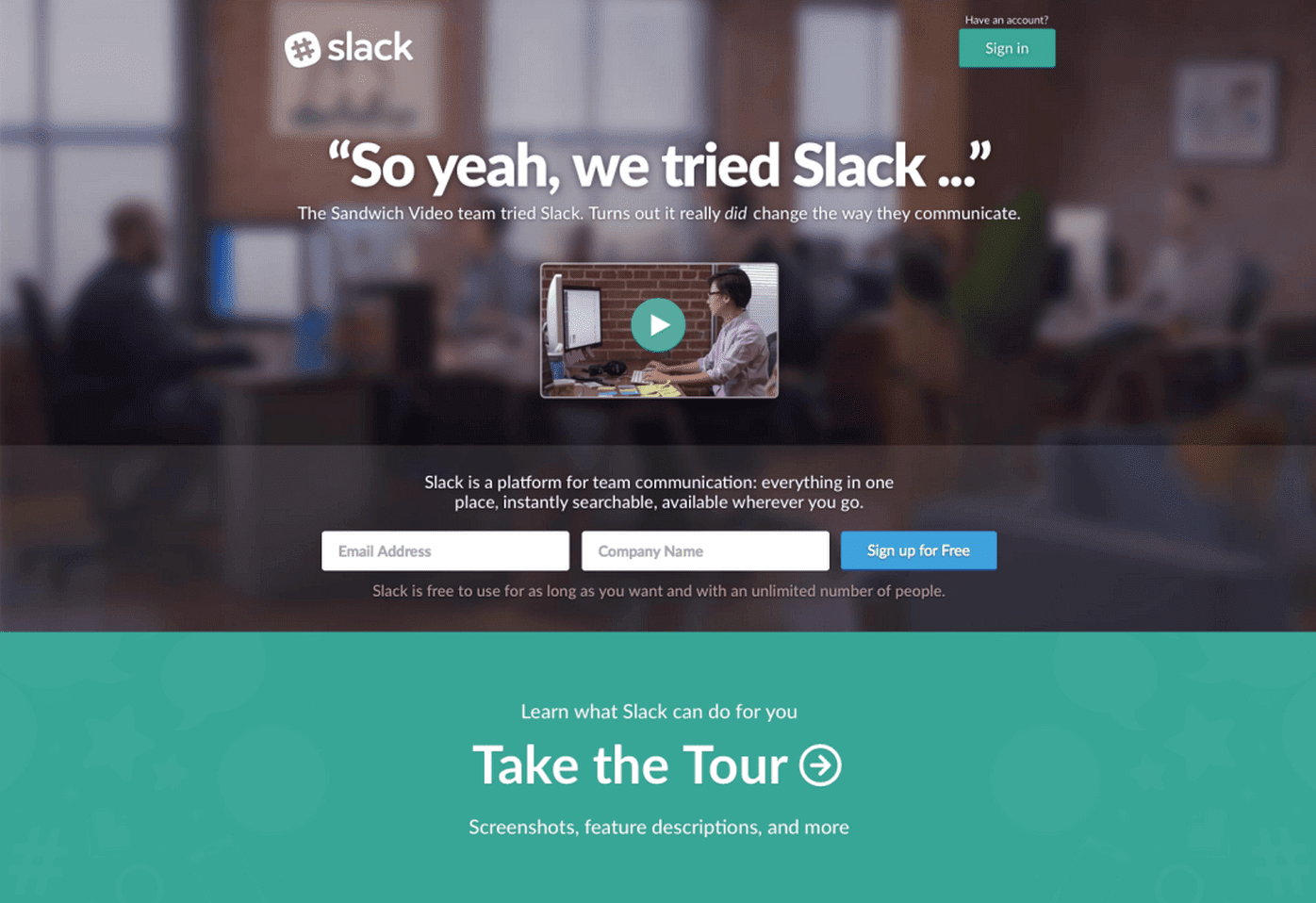 slack landing page with video giving people a tour of the app