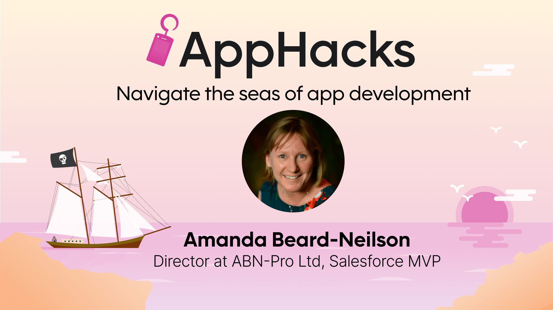 A picture of Amanda Beard-Neilson set against an illustration of the ocean with a pirate ship.