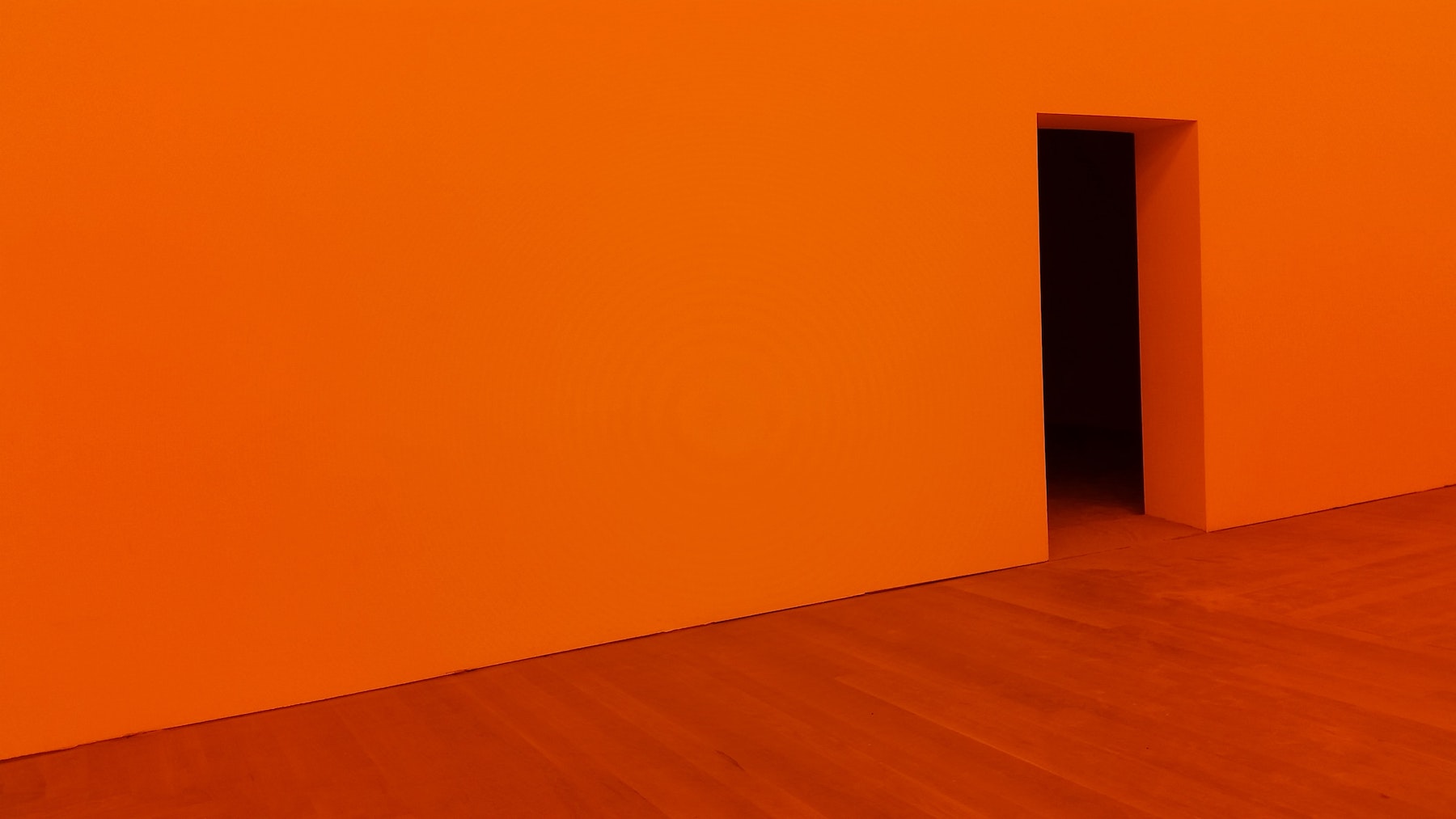 An orange room with a wood floor and on open doorway