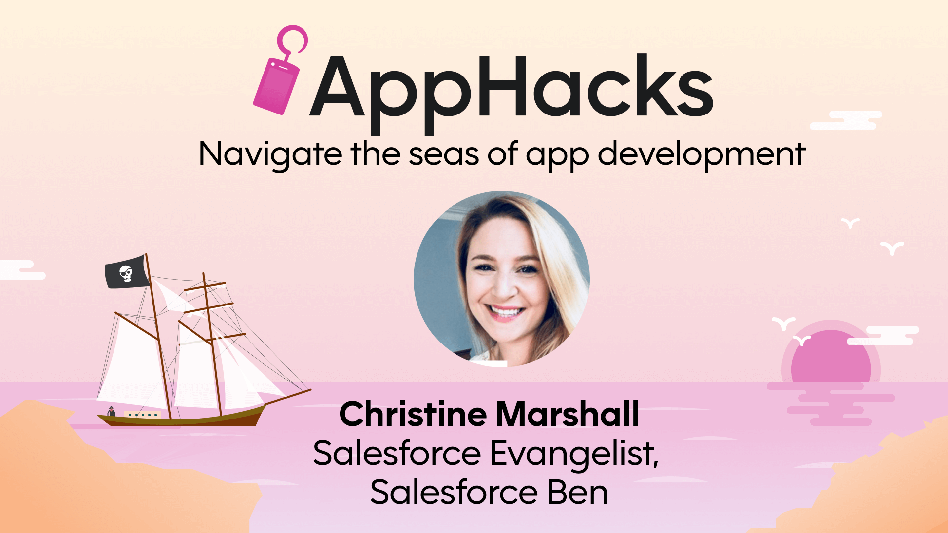 A headshot of Christine Marshall, Salesforce evangelist for Salesforce Ben, set against a pastel-colored illustration of pirate ship sailing on calm seas with the sun setting in the background