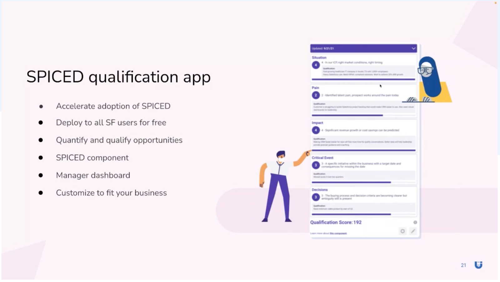 A screenshot of the SPICED qualification app, along with an illustrated man and woman and a bulleted list showing the benefits the SPICED app offers