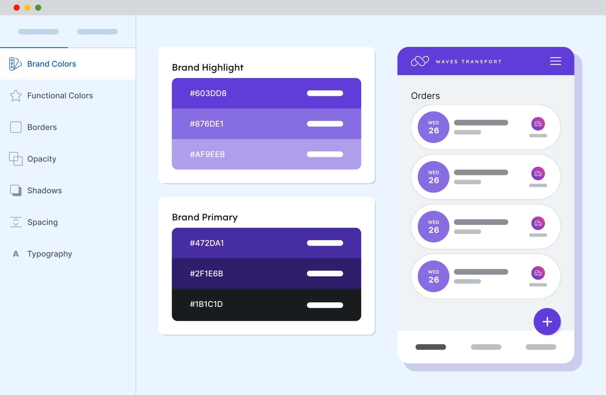Mockup of a browser showing the Design System Studio and how one change to the primary color creates a whole new color system.
