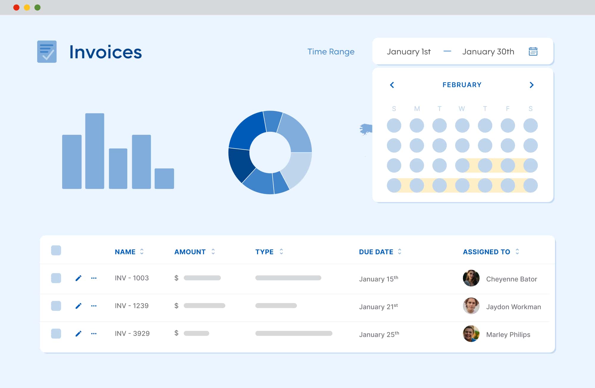 Browser mockup showing a dashboard and a calendar filter.
