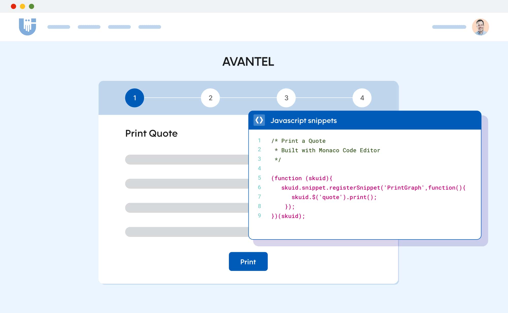 Mockup of a prowser showing a print dialog. A modal appears over a "print" button with a JS snippet written inside of it.
