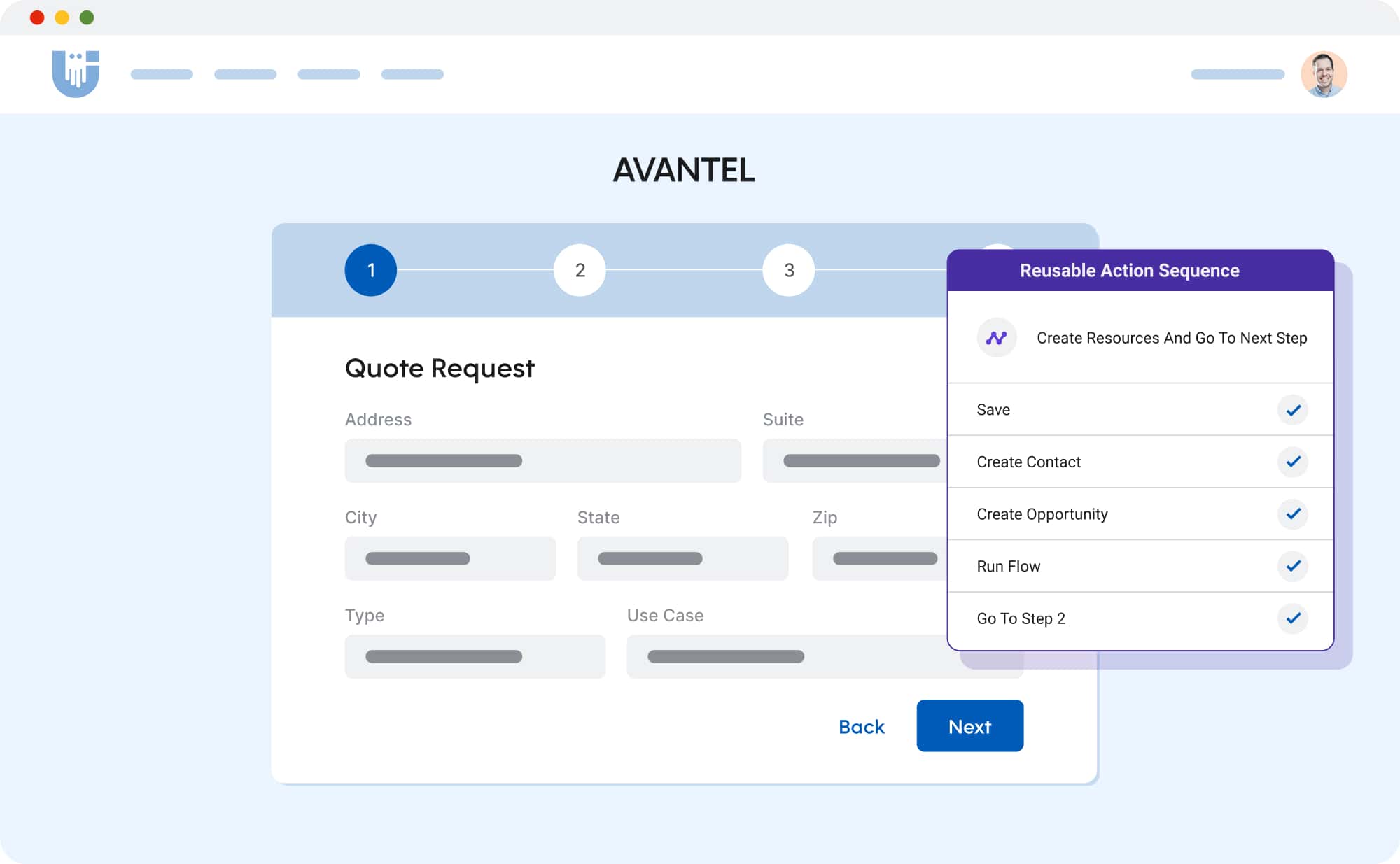 Browser mockup showing a multi-step order from. A modal appears over the "next" button with the header "reusable action sequence" and various steps the developer can take.