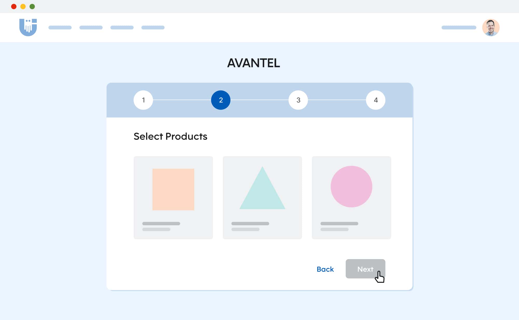 Mockup of a browser showing a multi-step order form. The next button is grayed out because an item hasn't been selected yet.