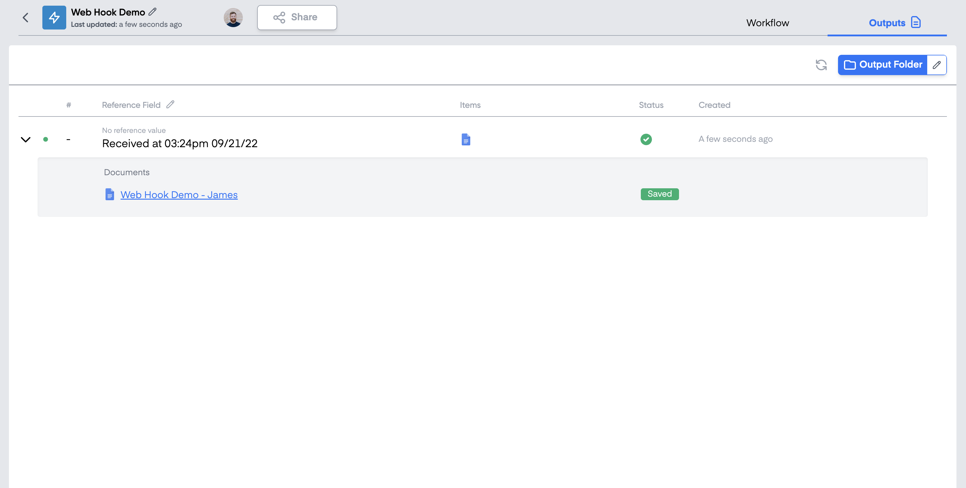 Webhook workflow output tab