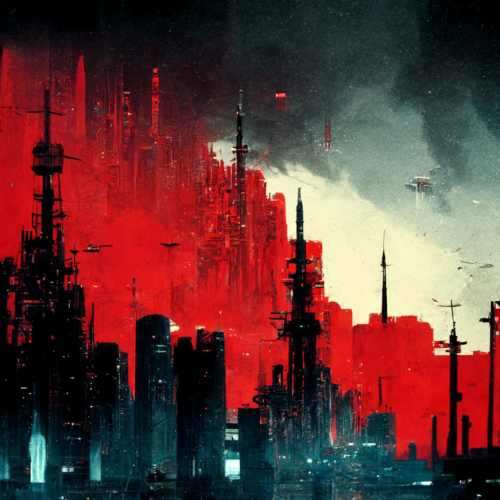 A futuristic, dystopian city in red and black.