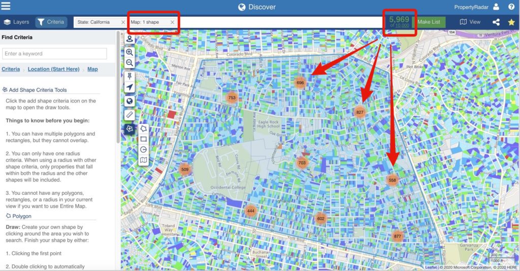 Use polygon tool to create a perimeter around the market you want to find off market properties