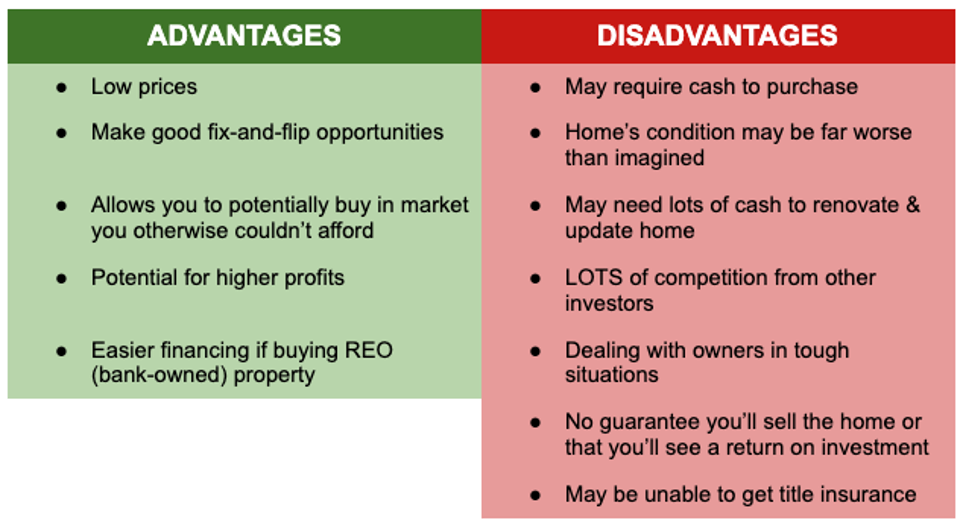 Advantages and disadvantages (pros and cons) of buying distressed properties
