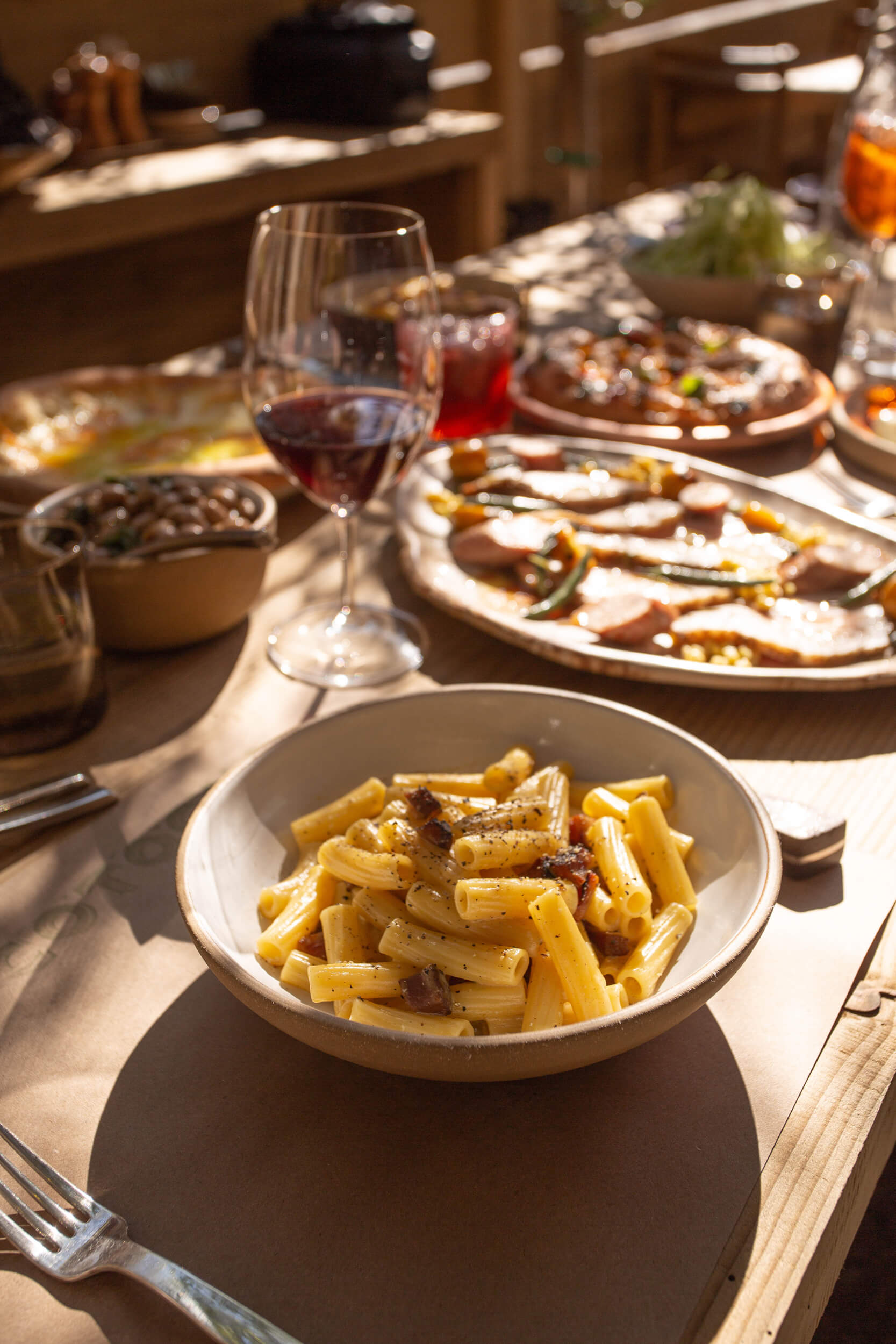 Plates of pasta, caviar, cake, meet, and sauces.