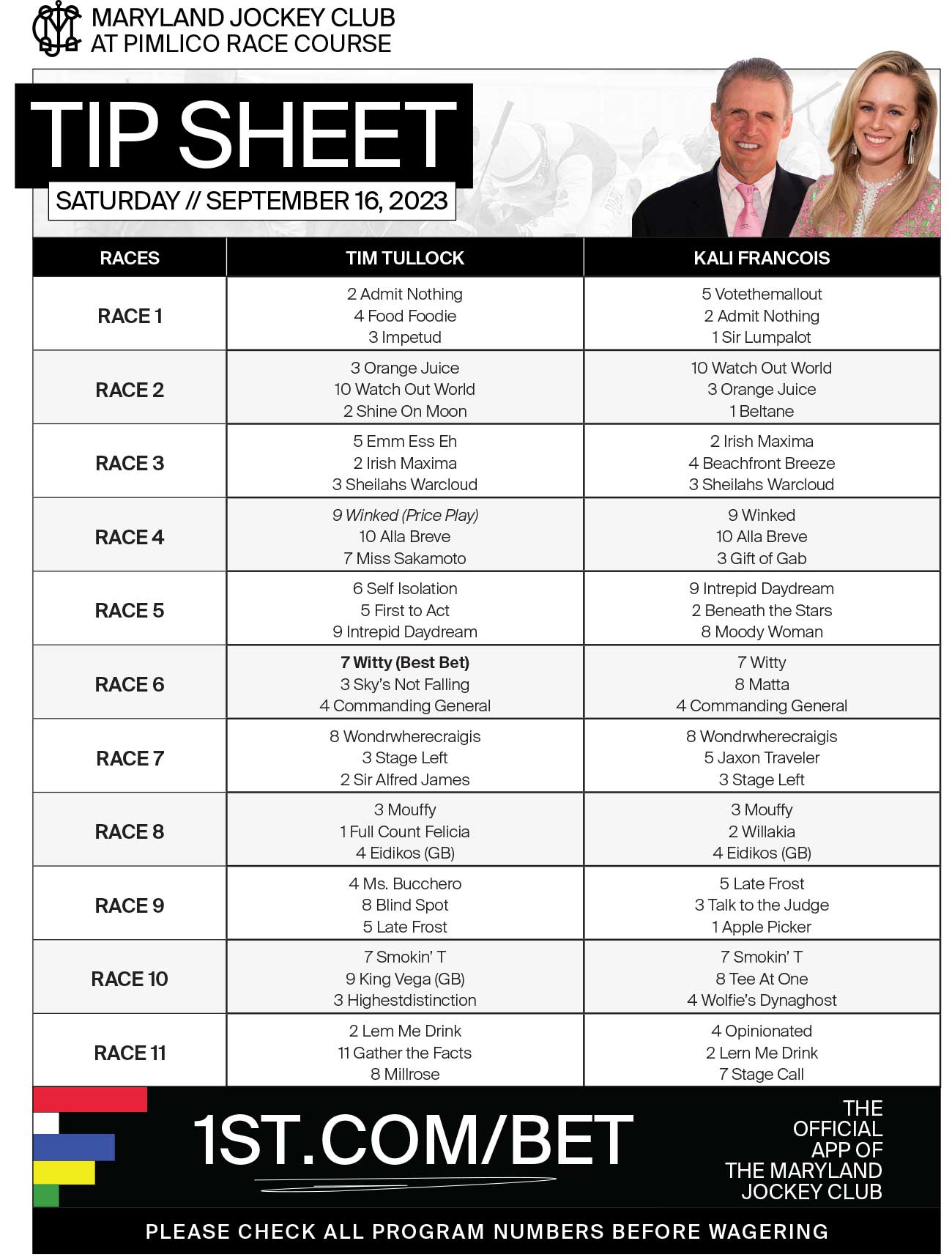 Kali Francois & Tim Tullock Pimlico FullCard Picks Saturday