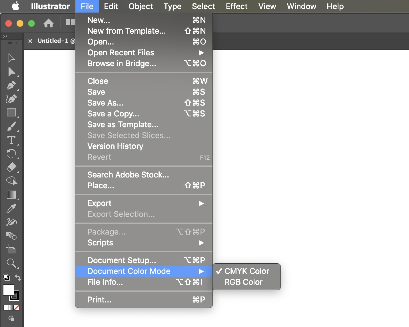 To switch to CMYK color space in Adobe programs, go to File > Document Color Mode