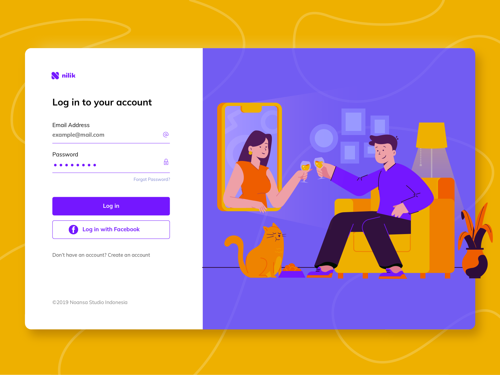A website using complementary colors (purple and yelllow)