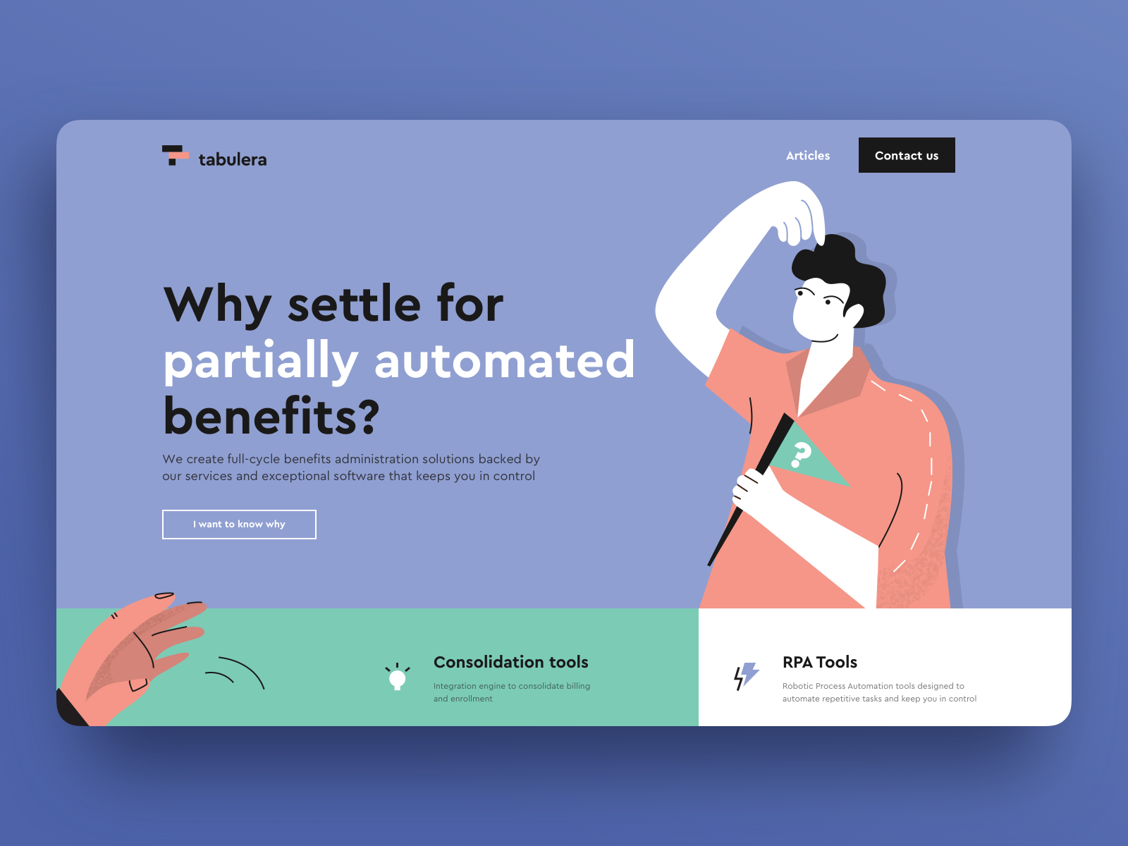 A website showcasing the use of split-complementary colors - blue, yellow and red