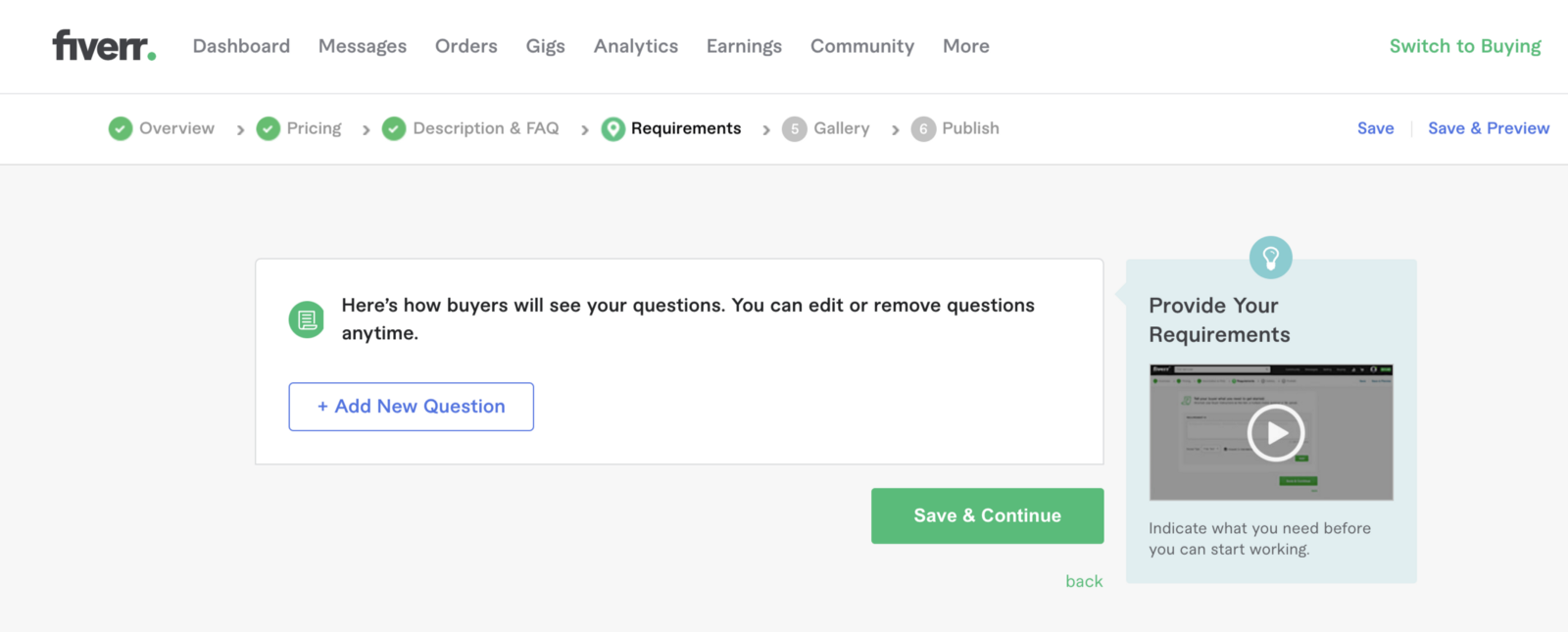 Step 4 in creating a gig on Fiverr. Add requirements for buyers.