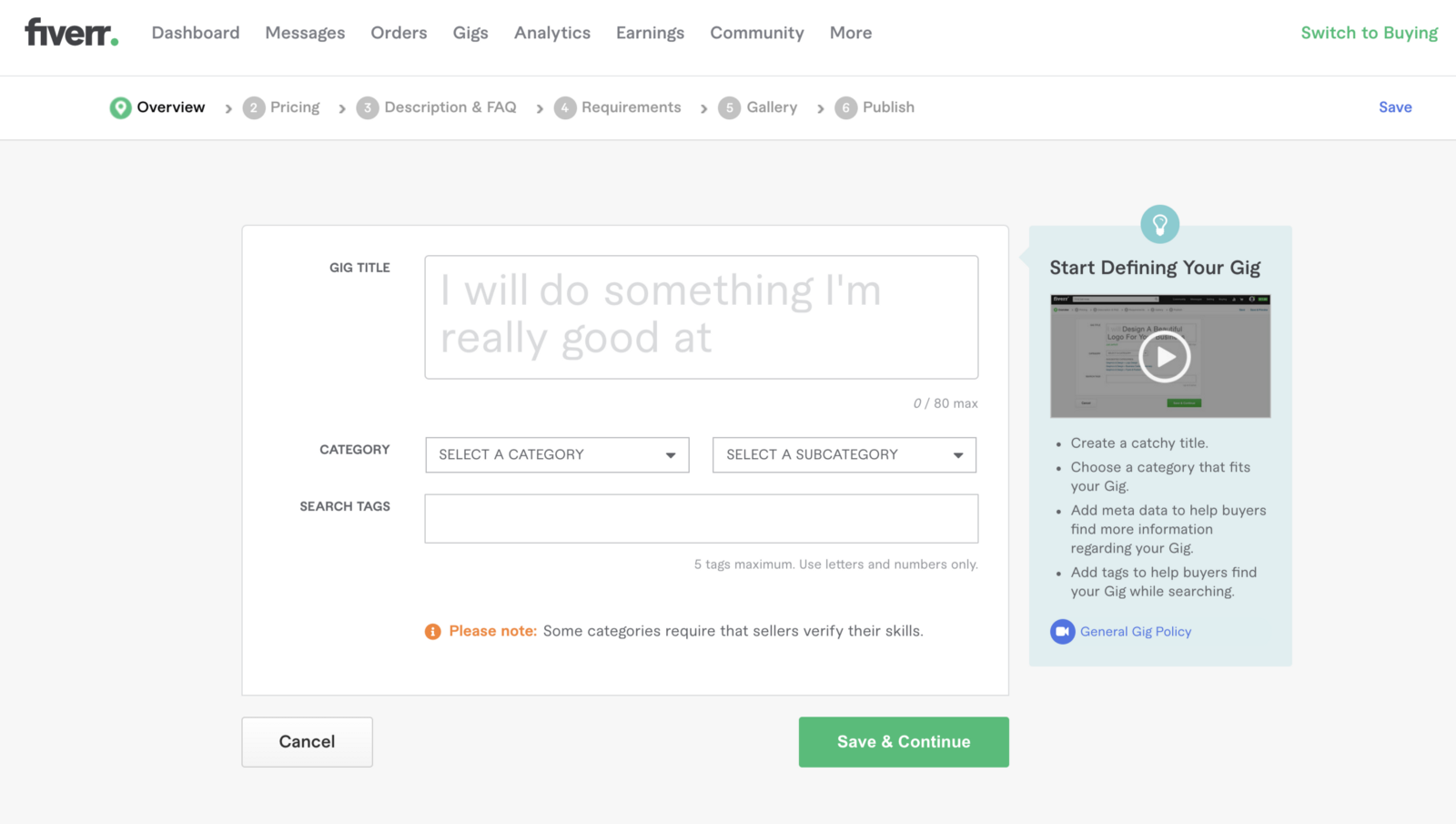 Step 1 in creating a new gig on Fiverr. Choose a title, category, and search tags.