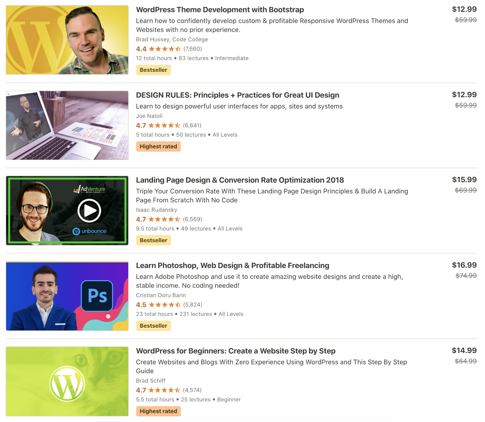 Bestseller Udemy courses on web design