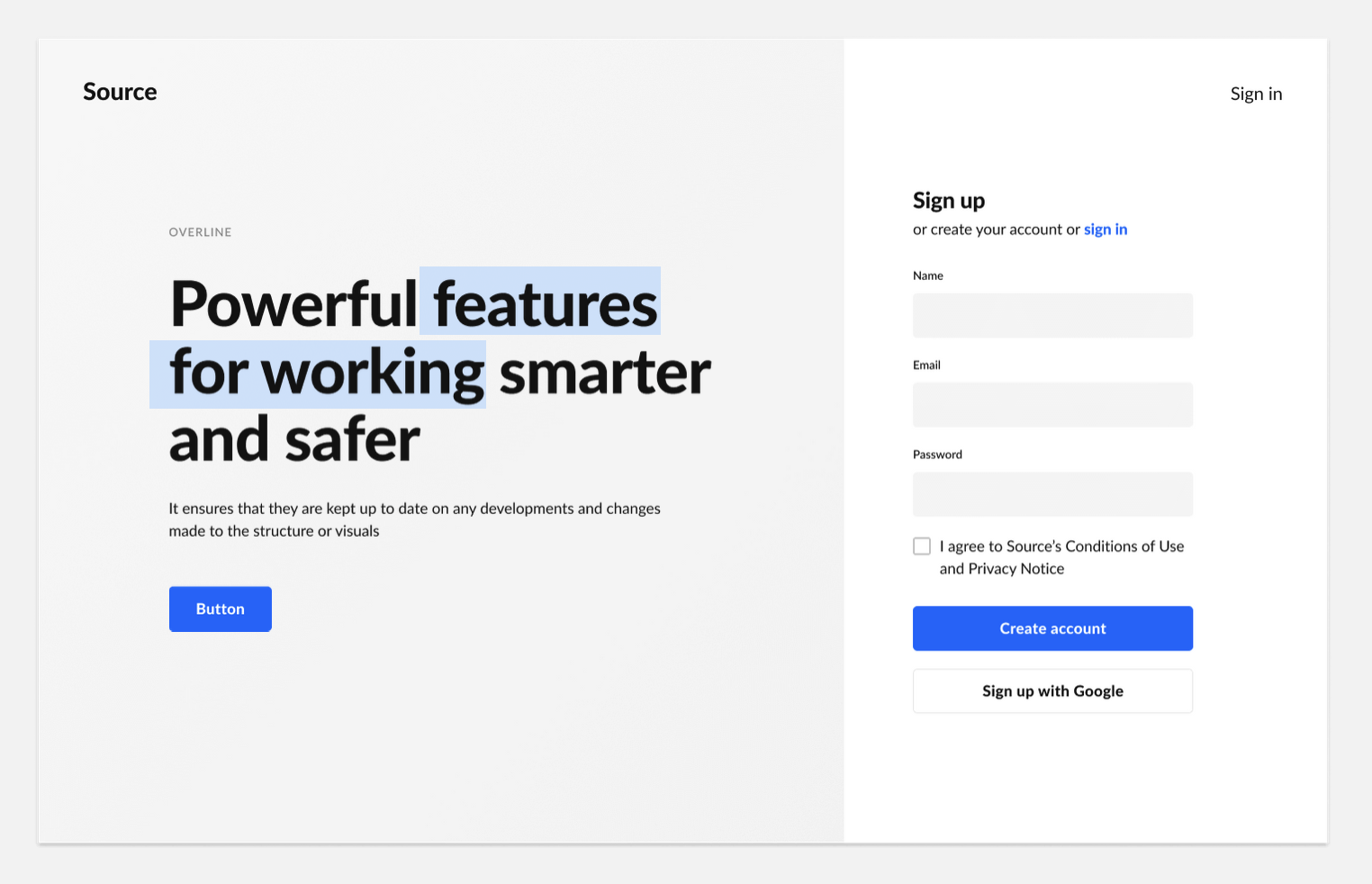 High-fidelity wireframe example with real copy and highlight color (Source Wireframe Kit)
