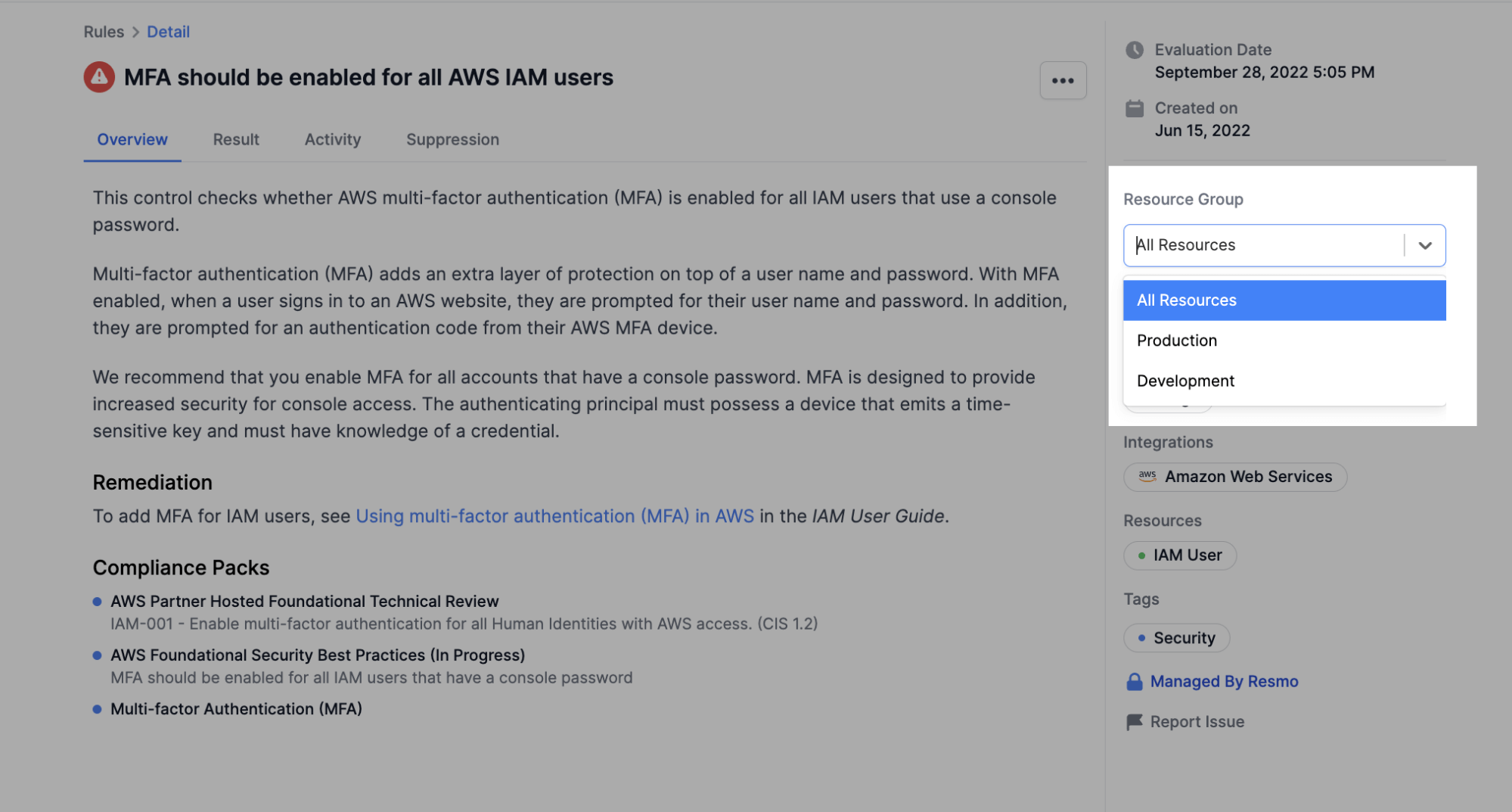 filtering rule results with resource groups