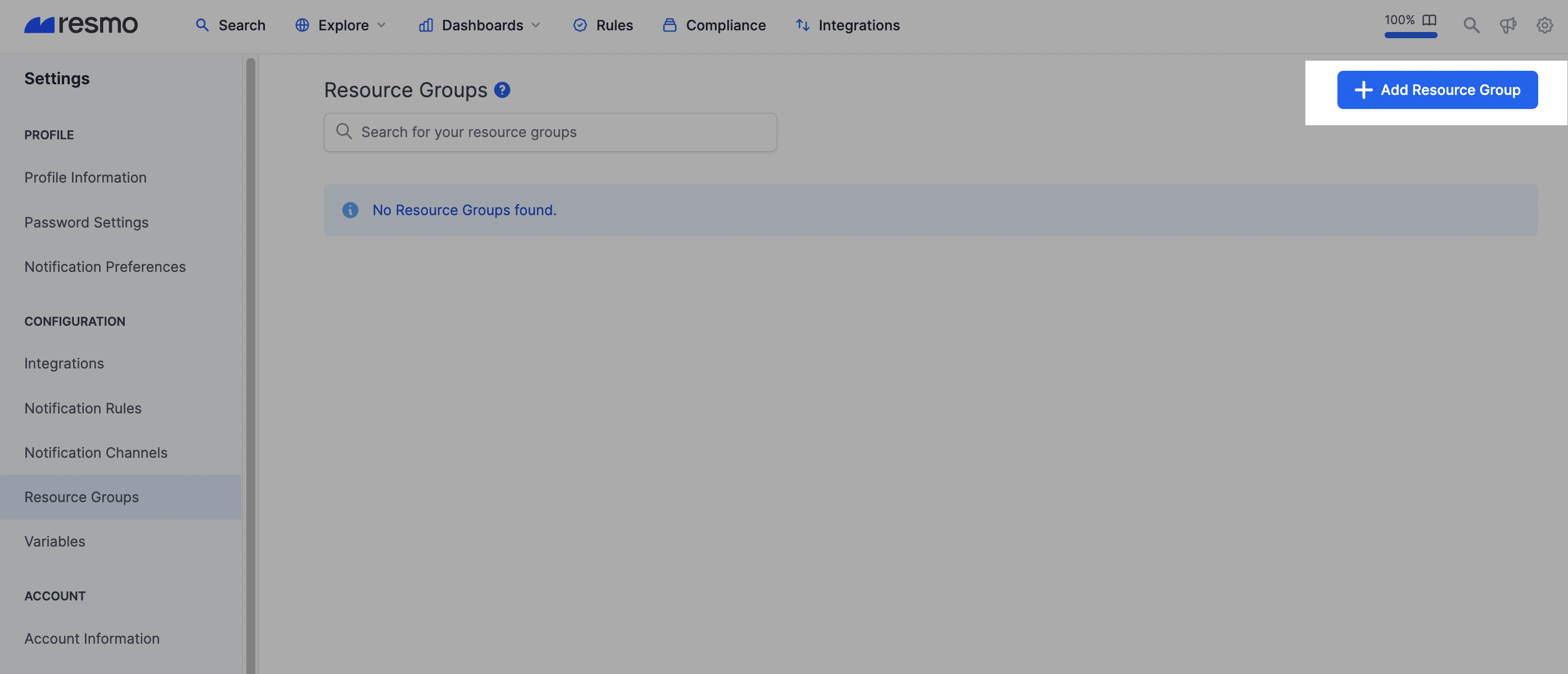 Resource groups page on Resmo