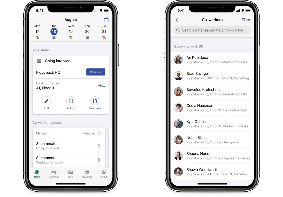A side-by-side screenshot of the workplace check-in experience on the Scoop app, with the ability to see co-workers work location and daily status.