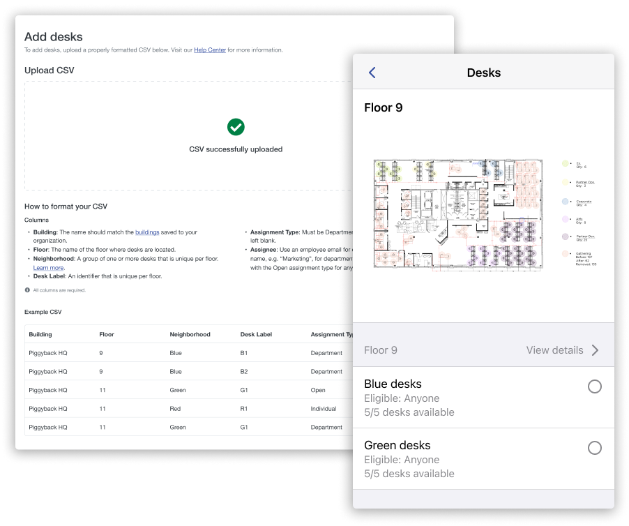Screenshot of Scoop's desk management solution for uploading desks and enabling employee desk booking with floor plan.s