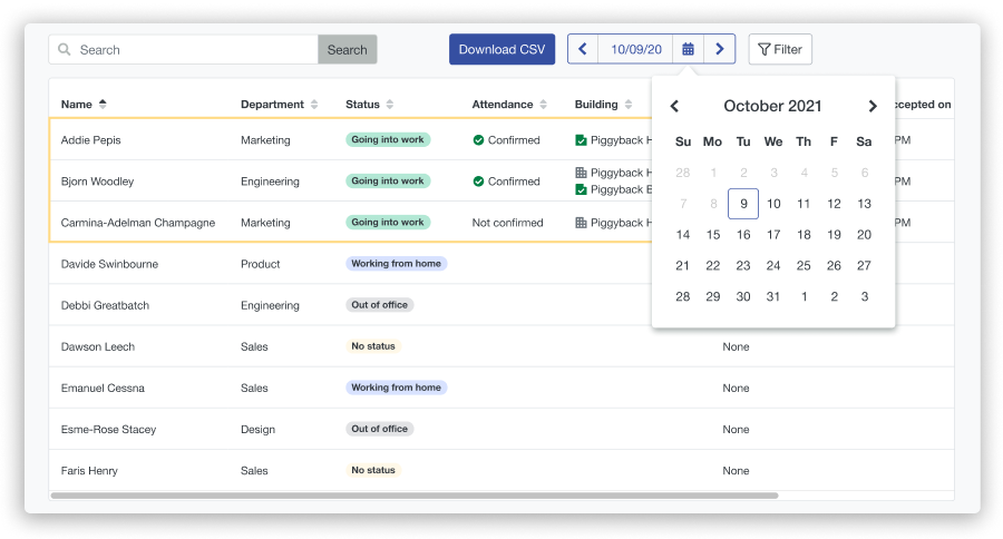 Screenshot of Scoop's attendance log featuring abilities to pull a contact tracing report for a specific date.
