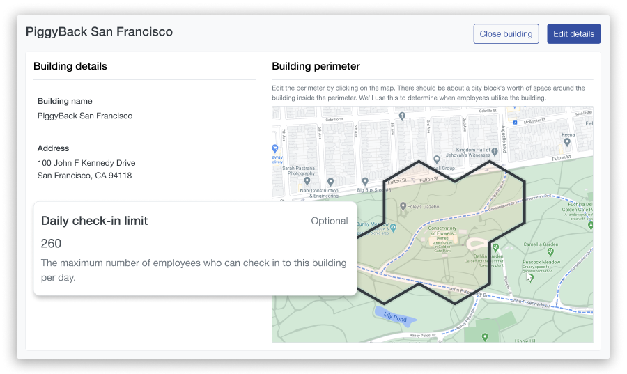 Screenshot of Scoop's buildings interface with the ability for a user to control building capacity.