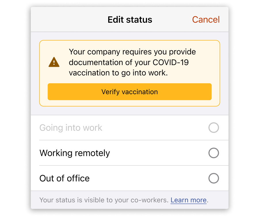 Screenshot of Scoop's mobile apps restricting workplace attendance relative to an employee's COVID-19 vaccination status.