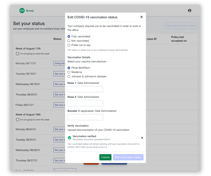 Screenshot of Scoop's web interface for an employee to provide vaccination information for COVID-19 vaccination status.