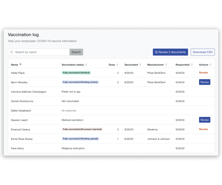 Screenshot of Scoop's vaccination capabilities for seeing employee vaccination status and reviewing vaccination documents.