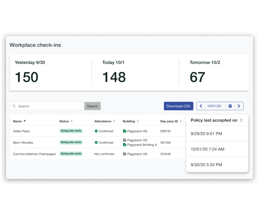 Screenshot of Scoop's attendance log for viewing workplace attendance and employee work location.