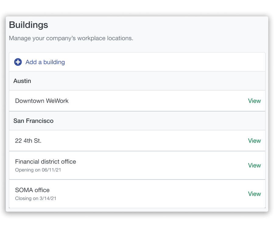 Screenshot of Scoop's buildings interface enabling users to add unlimited buildings to manage.