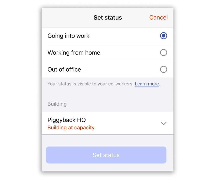 Screenshot of Scoop's capacity management controls for communicating to an employee when a building is full.