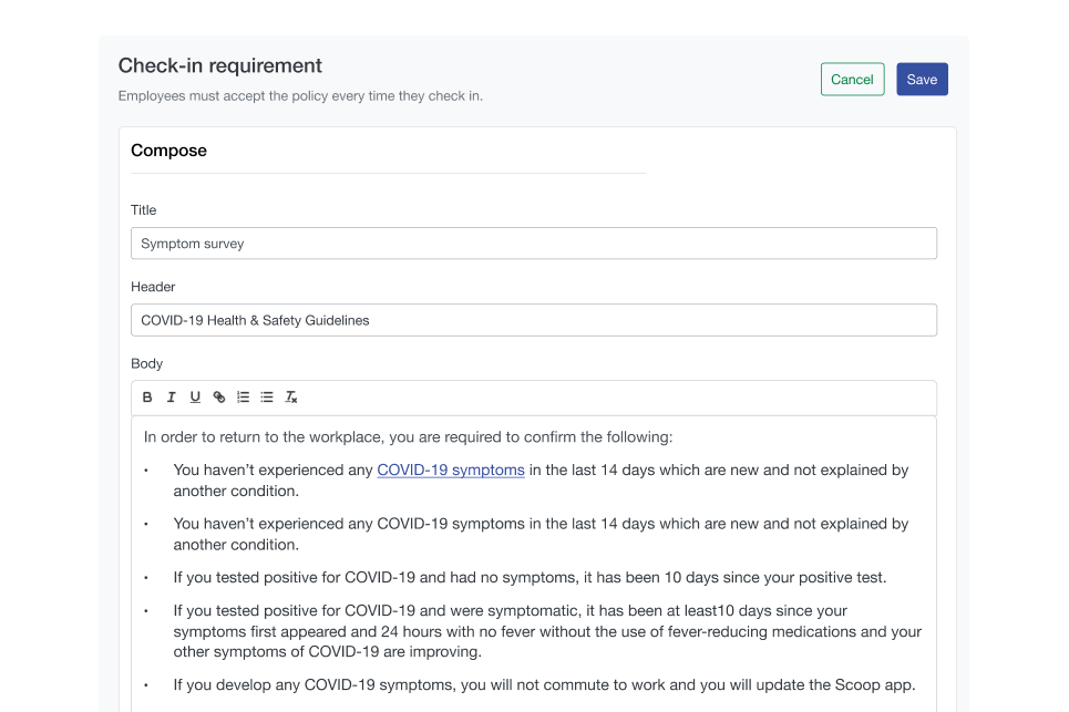 Screenshot of Scoop's custom policy editor for customers to communicate health and safety policies to their organizations.
