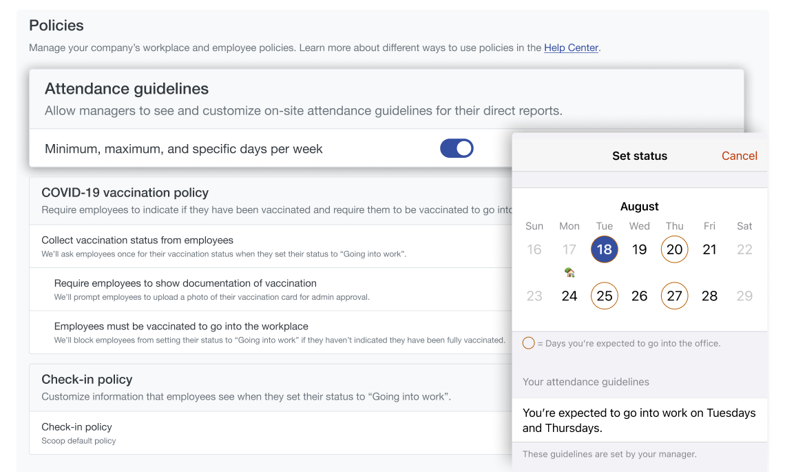 Screenshot of Scoop's attendance guideline functionality for enabling guideline policies and communicating them to employees.