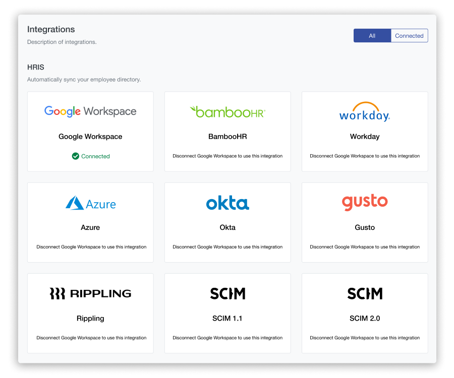 Screenshot of Scoop's HR software integrations for automatically syncing rosters.