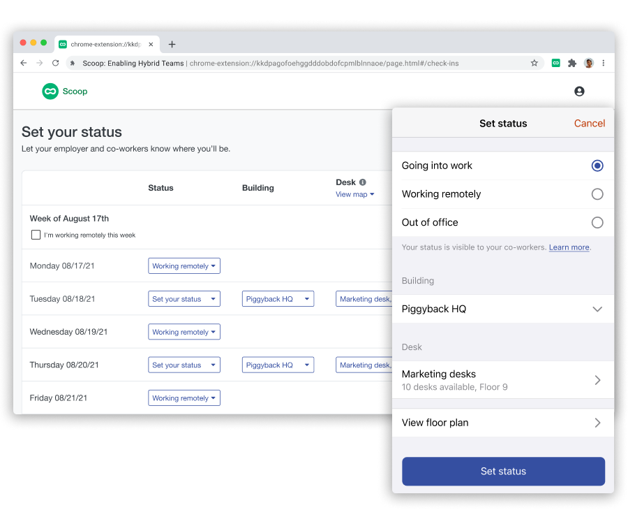 Screenshot of Scoop's web and mobile interfaces for indicating whether you are planning to go into the workplace on a given day.