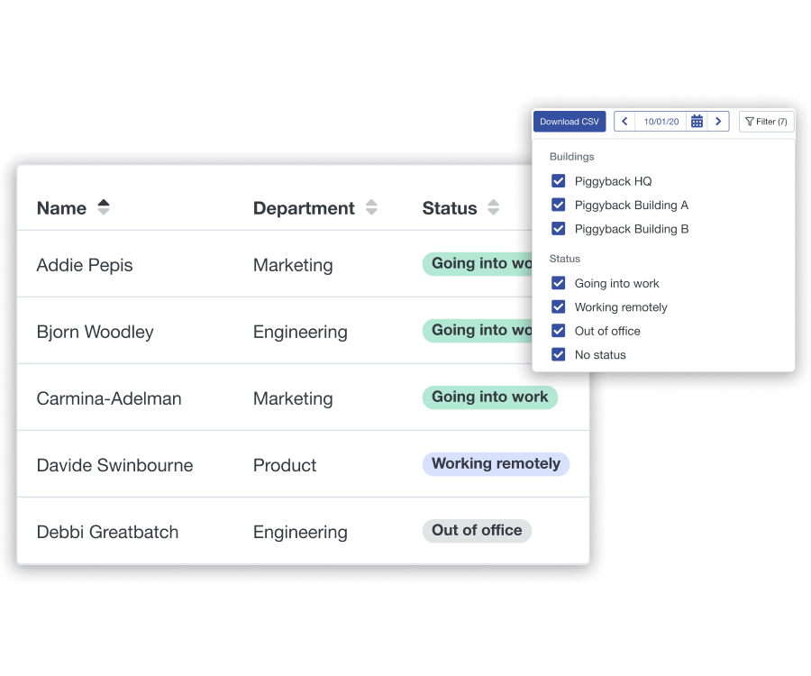 Screenshot of Scoop's interface for filtering attendance logs by status, building, and attendance confirmation.