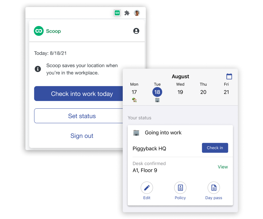 Screenshot of Scoop's mobile apps depicting automated and manual check-in when an employee arrives at the office.