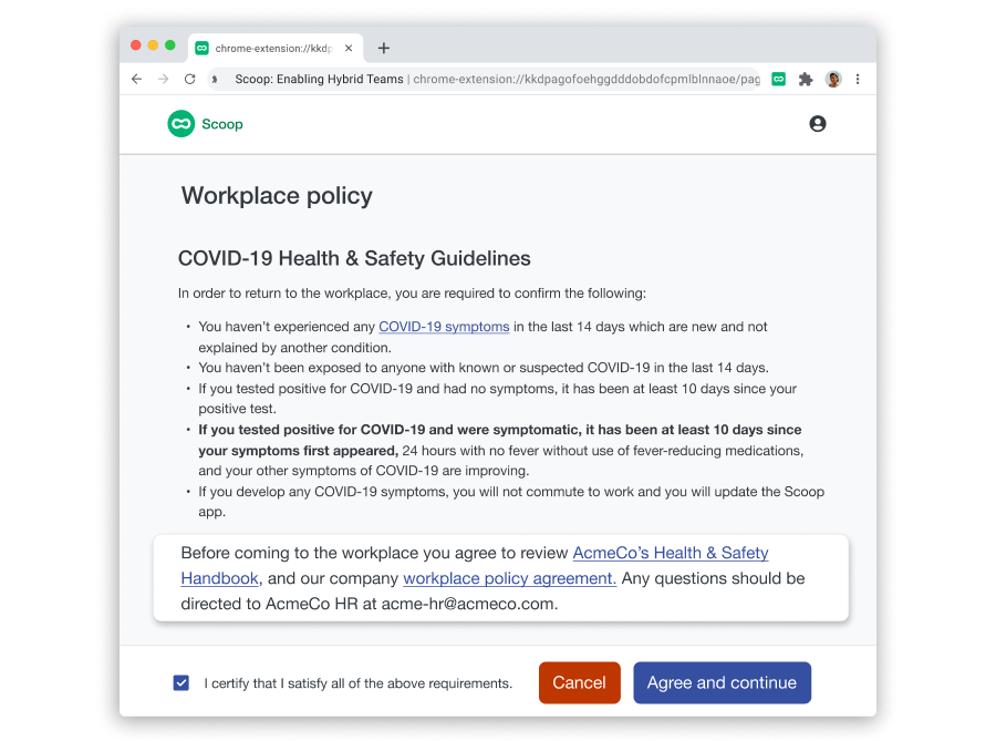 Screenshot of Scoop's web extension depicting how custom guidelines are displayed with relevant links and agreement requirements.