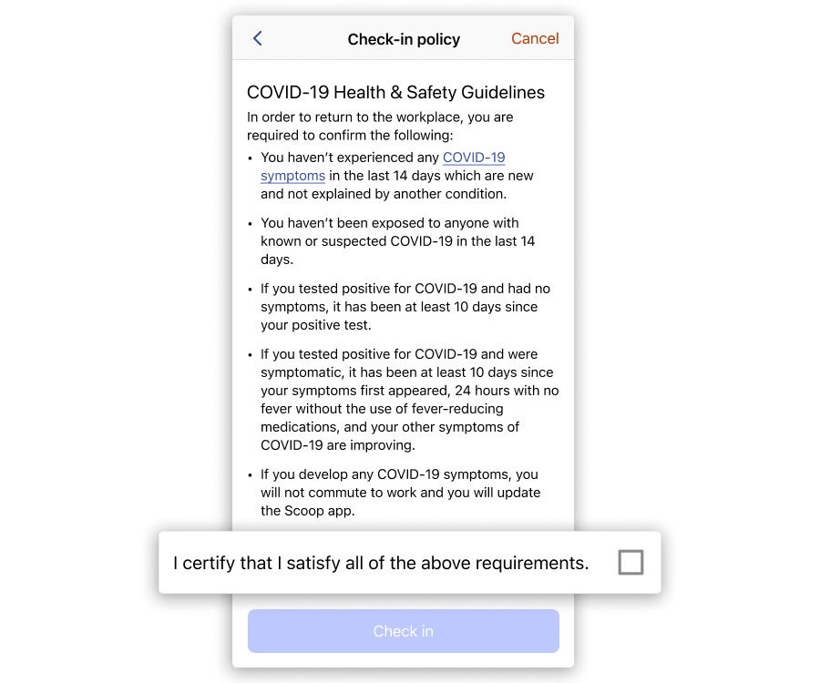 Screenshot of Scoop's mobile experience depicting how an employee is required to accept check-in guidelines when coming into the workplace.