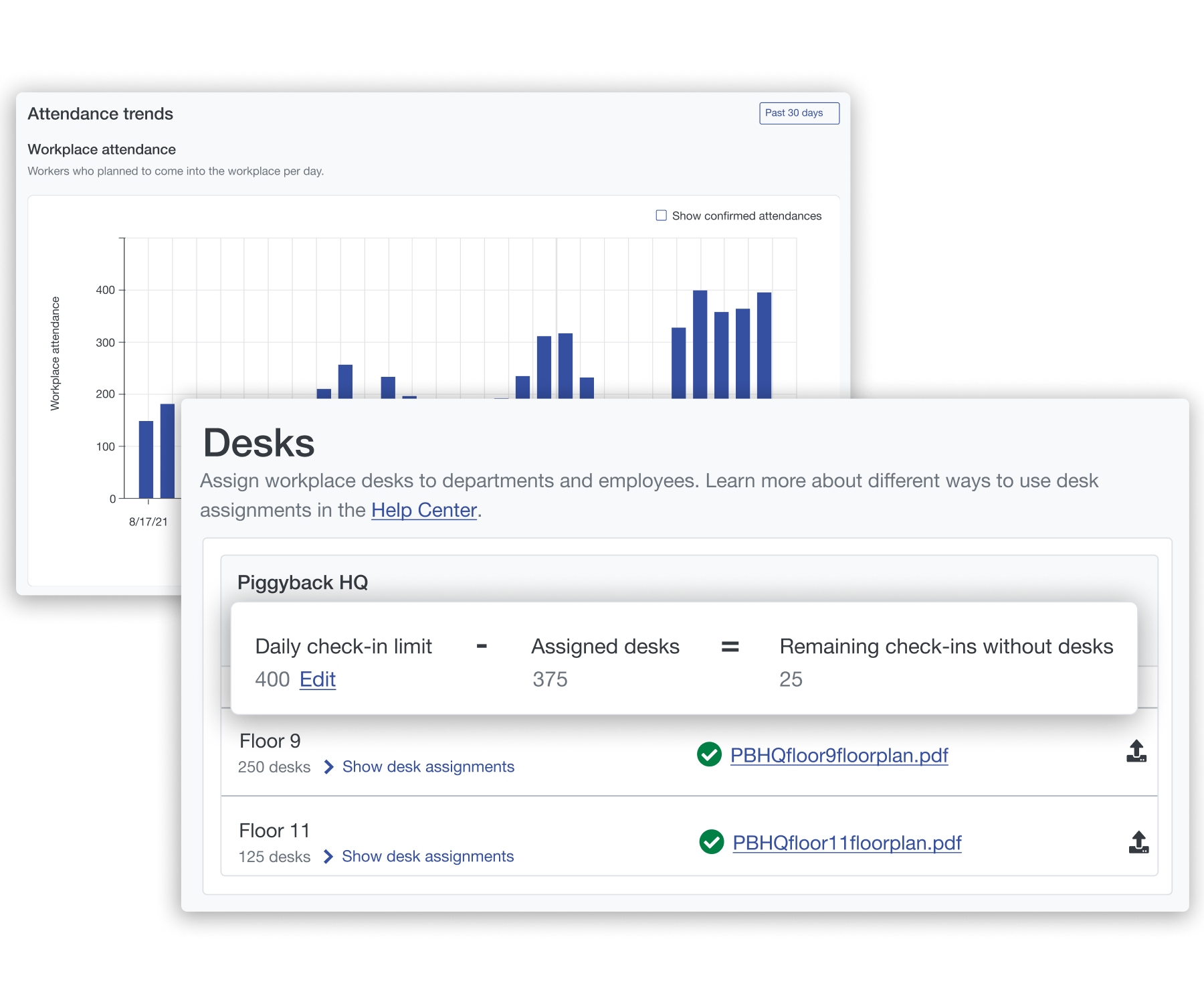 Screenshot of Scoop's analytics and desk management interfaces.