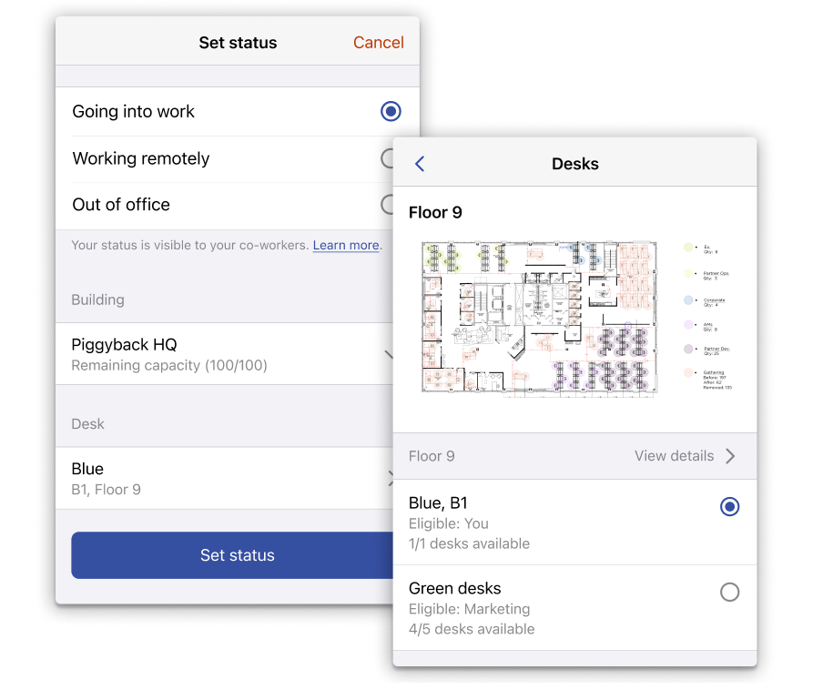 Screenshot of Scoop's mobile application depicting how an employee can select a desk while referencing a floorplan when making a desk reservation.