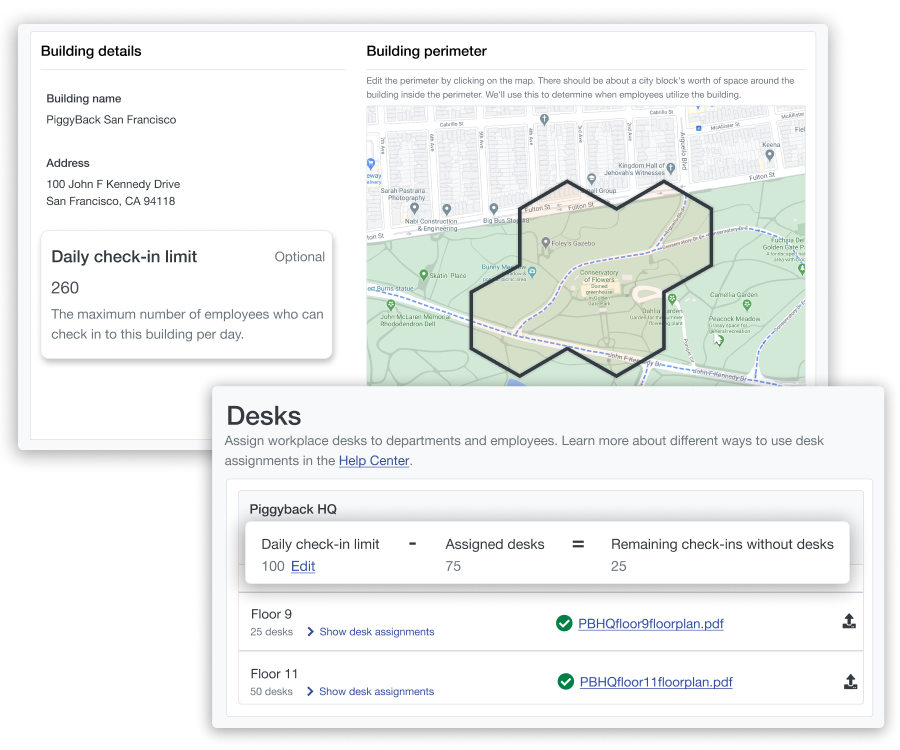Screenshot of Scoop's interface for adding a building and updating its capacity together with desk capacity.