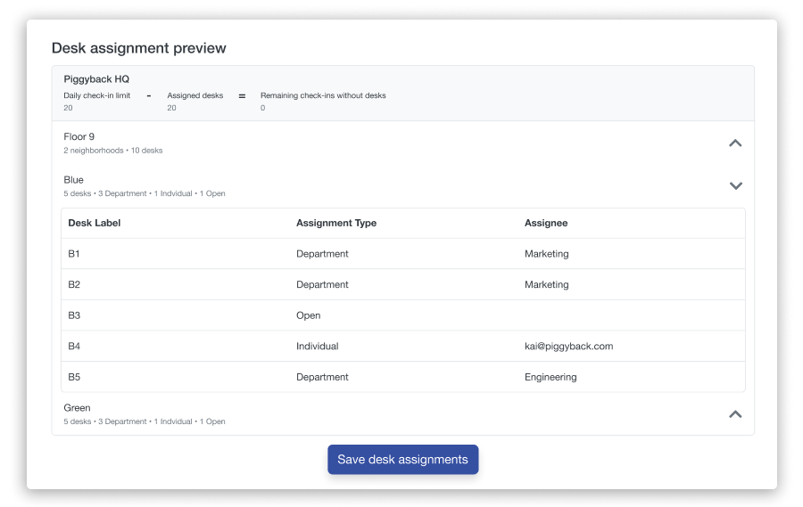 Screenshot of Scoop's desk interface enabling users to assign desks to a variety of different employee groups.